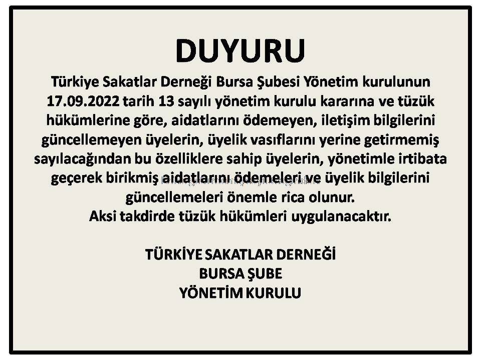 TSD BURSA ŞUBESİNİN ÜYELERİNE DUYURUSU!